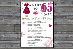 65th Birthday What's in Your Phone Birthday Party Game,Adult Birthday party game-fun games for her-Instant download