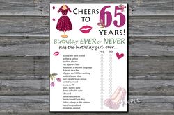 65th Birthday ever or never game,Adult Birthday party game-fun games for her-Instant download