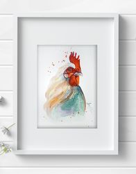 8x11 inch Watercolor original rooster bird wall decor painting by Anne Gorywine