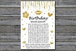 Gold glitter Birthday Word Search Game,Adult Birthday party game-fun games for her-Instant download