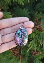 Tree Of Life Wire Wrapped Abalone Pendant, Wife Anniversary Necklace, 7th Year Wedding Gift, Copper Wedding Anniversary