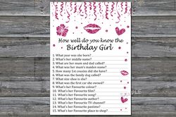Pink glitter How well do you know the birthday girl,Adult Birthday party game-fun games for her-Instant download