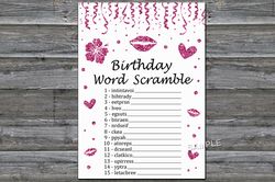 Pink glitter Birthday Word Scramble Game,Adult Birthday party game-fun games for her-Instant download