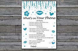 Blue glitter What's in Your Phone Birthday Party Game,Adult Birthday party game-fun games for her-Instant download