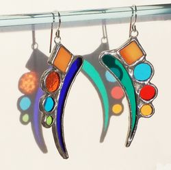 Long stained glass earrings, Multicolor large earrings