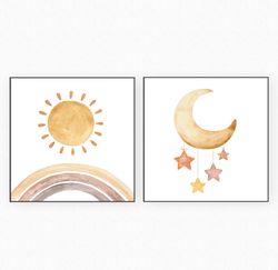 Set of 2 prints nursery, Sun and Moon nursery art, Gender neutral Cute nursery, Sun Moon Rainbow, Baby room printables