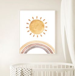 Sun and rainbow print, Watercolor baby prints for nursery, Boho sun print wall decor, Gender neutral nursery decor