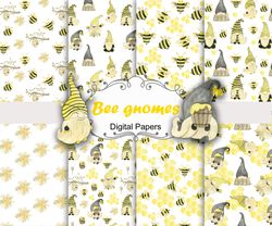 Watercolor bee gnomes, seamless patterns.