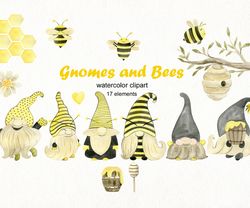 Watercolor bee gnomes, clipart.