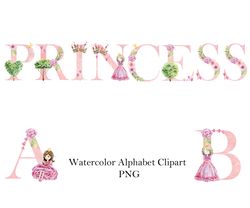 Watercolor alphabet clipart, Fairytale.