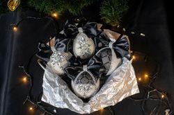 Christmas rhinestones ornaments, handmade black balls gift box, Xmas decorations, Tree decor set, New Year tree balls