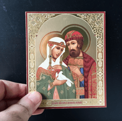 Saints Peter and Fevronia |  Silver foiled lithography mounted on wood | Size: 5 1/4" x 4 1/2"
