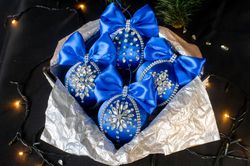 Christmas rhinestones ornaments, handmade blue balls gift box, Xmas decorations, Tree decor set, New Year tree balls
