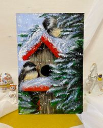 Bird Sparrow art. Witer snowly forest painting.