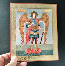Saint Michael the Archangel  |  Silver foiled icon lithography mounted on wood | Size: 8 3/4"x7 1/4"