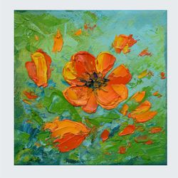 Poppies painting Flower artwork Small Original Art 4 by 4 in Orange Wildflowers Painting by Juliya JC