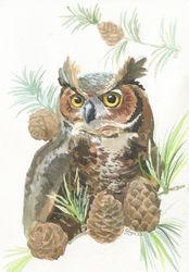 Owl art, Eagle owl painting, Fantasy totem animal, ORIGINAL watercolor painting