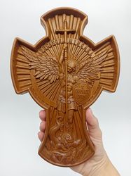 Archangel Michael 9.4" height wooden cross, Wall Crucifix, Catholic cross Wood, Crucifix Jesus, Wooden Carved Home Decor