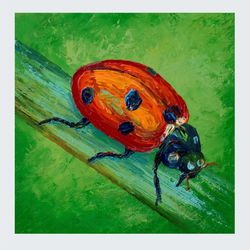 Red Ladybug Painting Original Art 5 by 5 inches Small insect artwork Bug oil painting by Juliya JC
