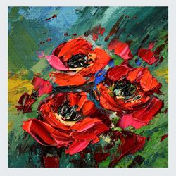Red Flowers Original Art Poppies painting Small artwork 4 by 4 in Red Wildflower Painting by Juliya JC