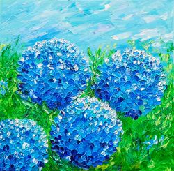 hydrangea painting flowers original art impasto oil painting blue flower artwork floral abstract square 12x12 canvas garden by Irina Jouk