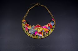 Hand-painted Asymmetrical Rainbow Statement Necklace Polymer undefined Bright Bib Necklace