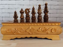 Handmade Vintage USSR Soviet Russian Wooden Chess Set Board Carving Antique Old