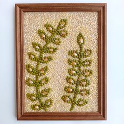 picture with flowers, imaginary plants, artwork made of cereals picture, fern, picture for kitchen, twig with lea
