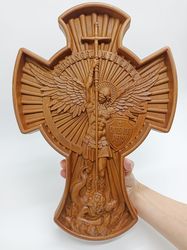 Archangel Michael 16.54" height wooden cross, Wall Crucifix Catholic cross Wood, Crucifix Jesus Wooden Carved Home Decor