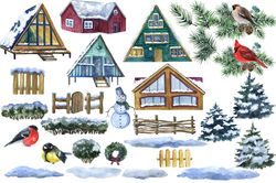 Watercolor holiday clipart. Christmas cottage clip art png. Christmas postcard. Winter village illustartion. Winter png