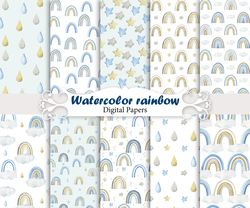 Watercolor blue rainbows, seamless patterns.