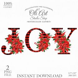 Christmas clipart. JOY Clip Art PNG. Poinsettia. Design Digital Download. OliArtStudioShop