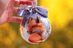Fox christmas ornament. Light blue shutterproof christmas tree ball with foxes 3".
