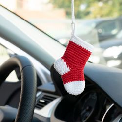Crochet Christmas stocking car accessory for women, rear view mirror charm, car pendant, cute winter car hanging