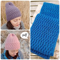 2 Hats 1 Scarf Womens Wintery Set Knitting Patterns E-book Knit cable ribbed beanie and scarf