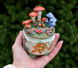 Porcelain handmade box Mushroom figurines Casket with lid Ceramic jewelry box Little sugar bowl Forest fairy tale