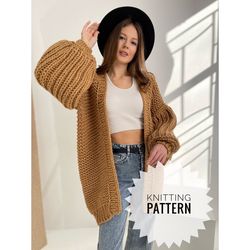 Chunky knit Balloon Sleeve Cardigan Knitting Pattern, Oversize cardigan for women, Cable sweater pattern