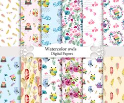Watercolor owls, seamless patterns.