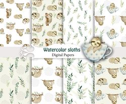 Watercolor sloths, seamless patterns.