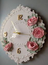 Nursery pink wall clock with 3D pink roses in shabby chic style Silent wall clock for bedroom and children's room Kids