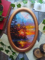 Dragon oil painting, sunset painting, Oval painting, Druid art, Fantasy creature