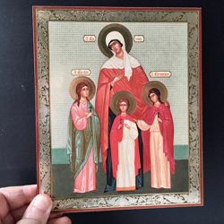 St Sophia and her three daughters: Faith, Hope, and Love |  Lithography mounted on wood | Size: 8 3/4"x7 1/4"