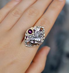 Handmade Unique Steampunk Pegasus Ring from vintage USSR watch movement with Swarovski