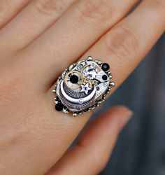 Handmade Unique Steampunk Moon Ring from vintage USSR watch movement with Swarovski
