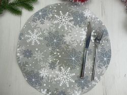 Gray christmas placemats set of 6, 4or2, placemat for round table, holiday round place mats, washable winter placemat,
