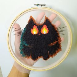 Black Cat Embroidery  Cat Art  Fire Embtoidery Spooky Halloween Wall Decor