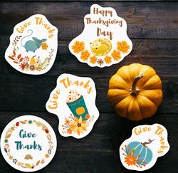 Thanksgiving Day sticker pack with wreaths, animals, fall leaves, pumpkins, spice latte, fox, bear, autumn vector