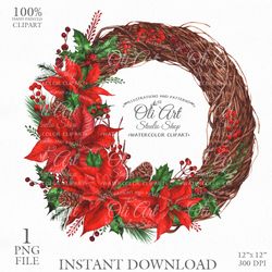 Merry Christmas Wreath Clip Art. Poinsettia. Digital Clipart, Hand Drawn Graphics, Digital Download. OliArtStudioShop