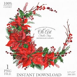 Merry Christmas Wreath Clip Art. Poinsettia. Digital Clipart, Hand Drawn Graphics, Digital Download. OliArtStudioShop