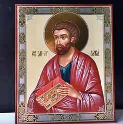 Saint Luke the Evangelist |  Gold and silver foiled icon on wood | Size: 8 3/4"x7 1/4"